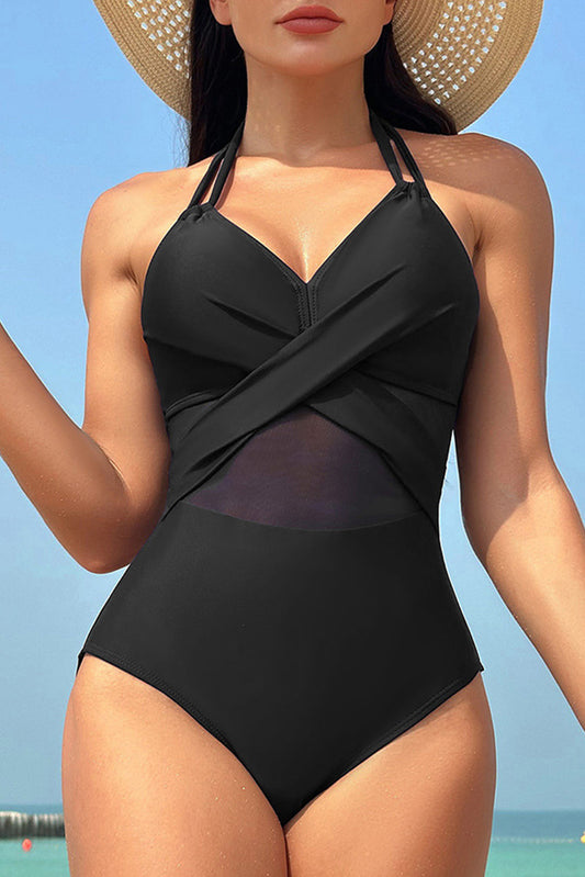 Black Halter Mesh Insert Cross Front One-Piece Swimsuit Black 80%nylon+20%spandex