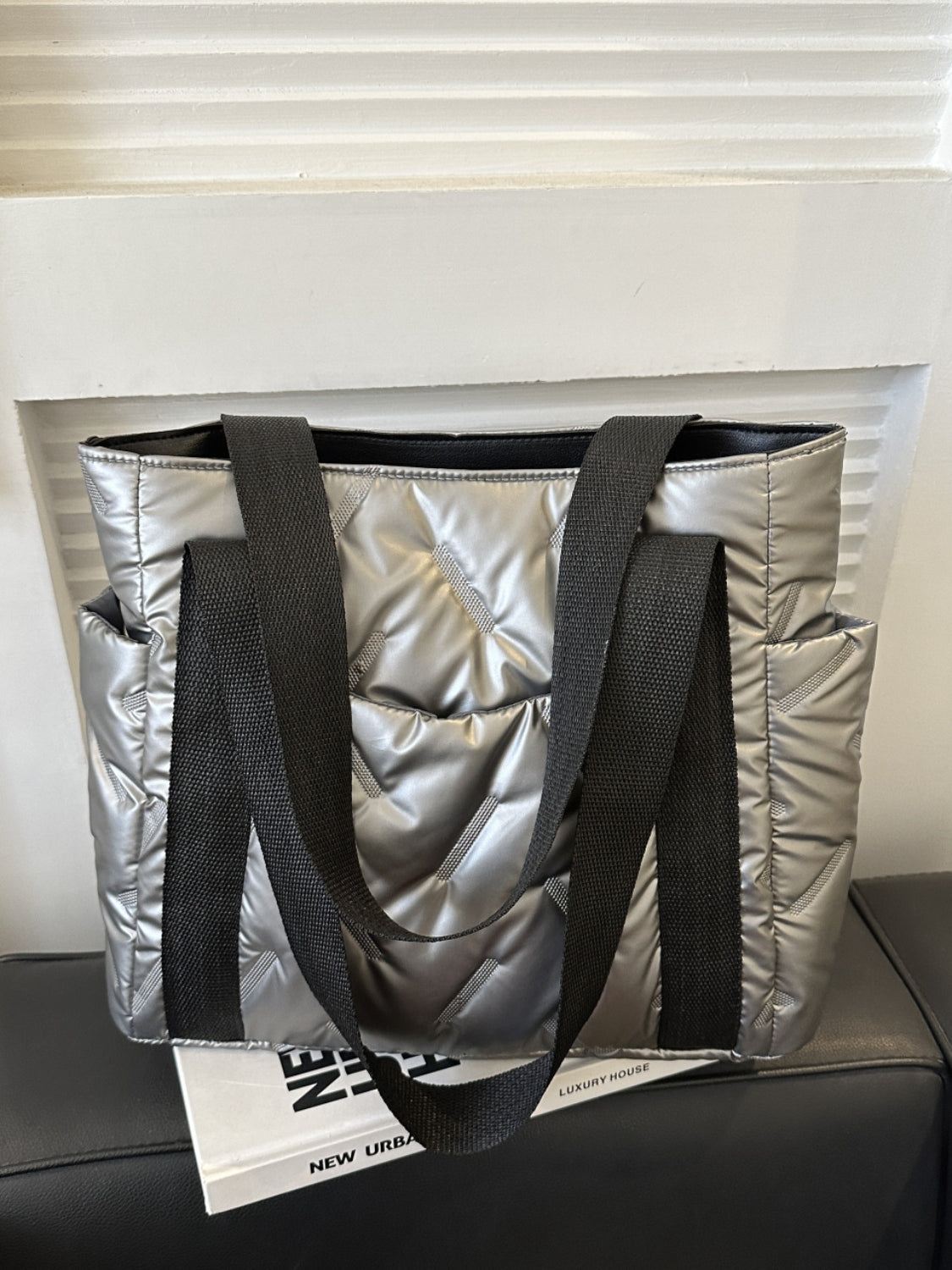 Solid Color Tote Bag with Side Pockets Silver One Size