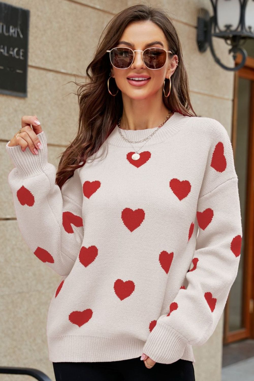 Woven Right Heart Pattern Lantern Sleeve Round Neck Tunic Sweater Beige Red