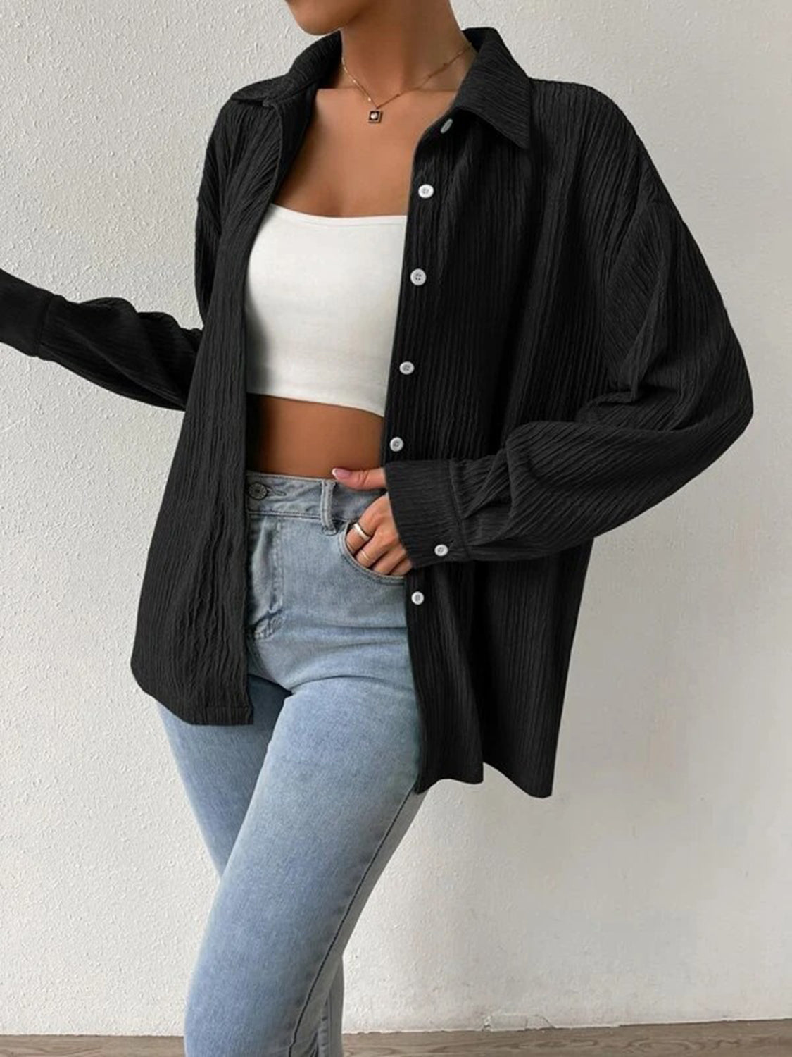 Textured Drop Shoulder Shirt Jacket Black