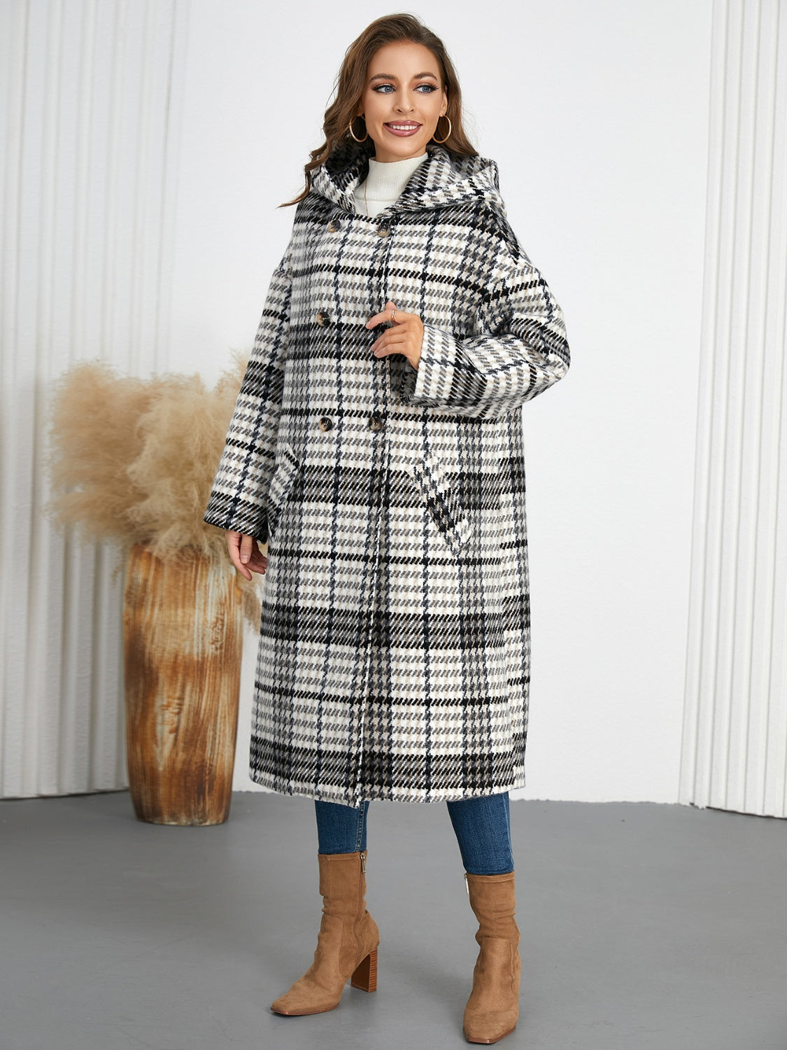 Plaid Double-Breasted Long Sleeve Longline Coat Black