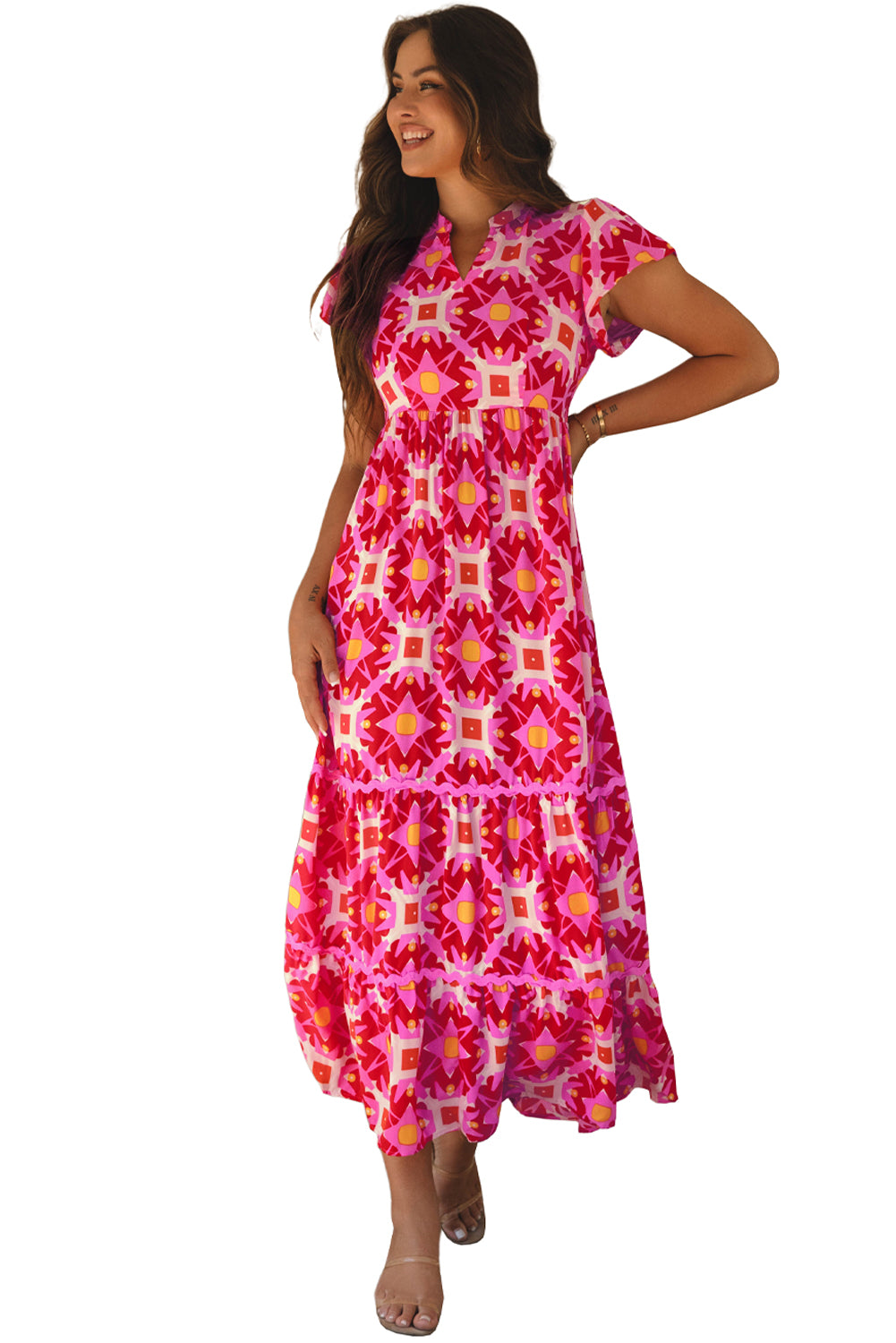 Strawberry Pink Geo Print V-neck Maxi Dress