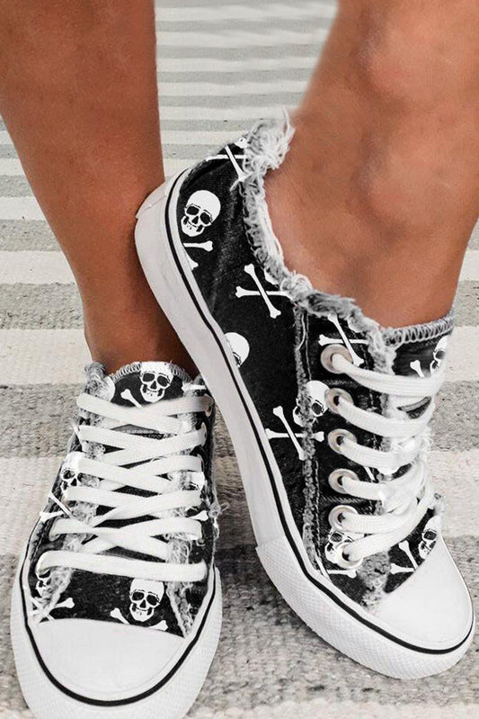 Black Skull Print Lace-up Canvas Sneakers Black 100%PVC Plastic