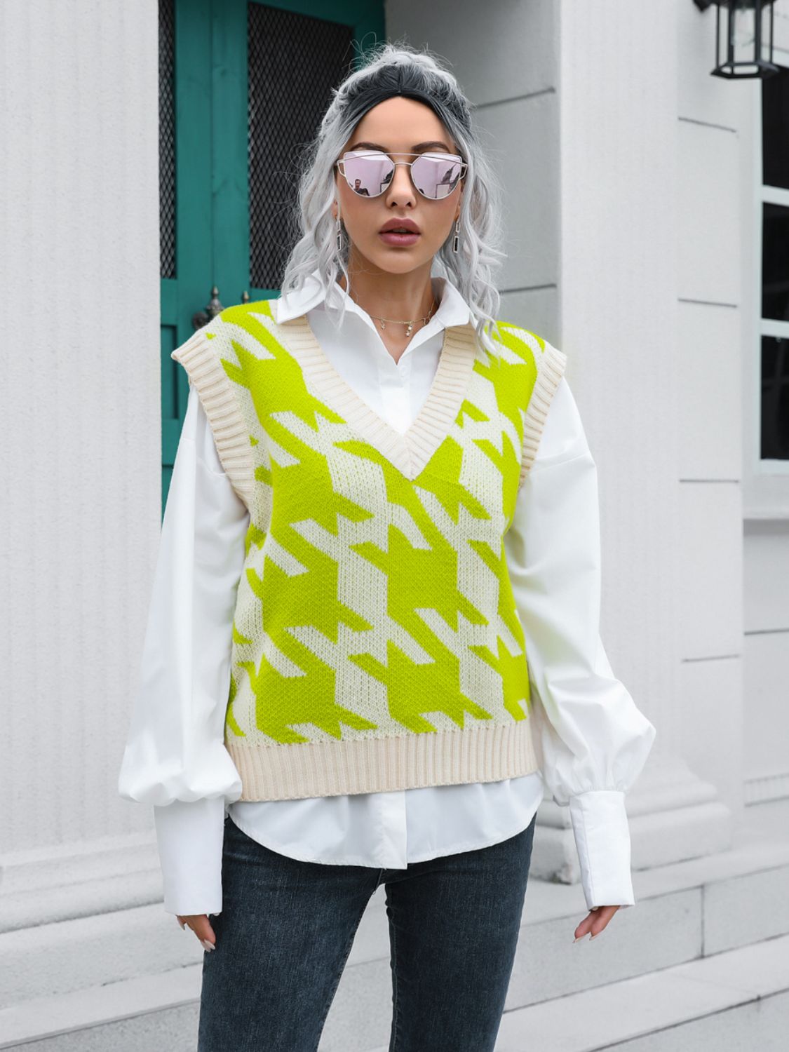 Houndstooth V-Neck Sweater Vest Lime