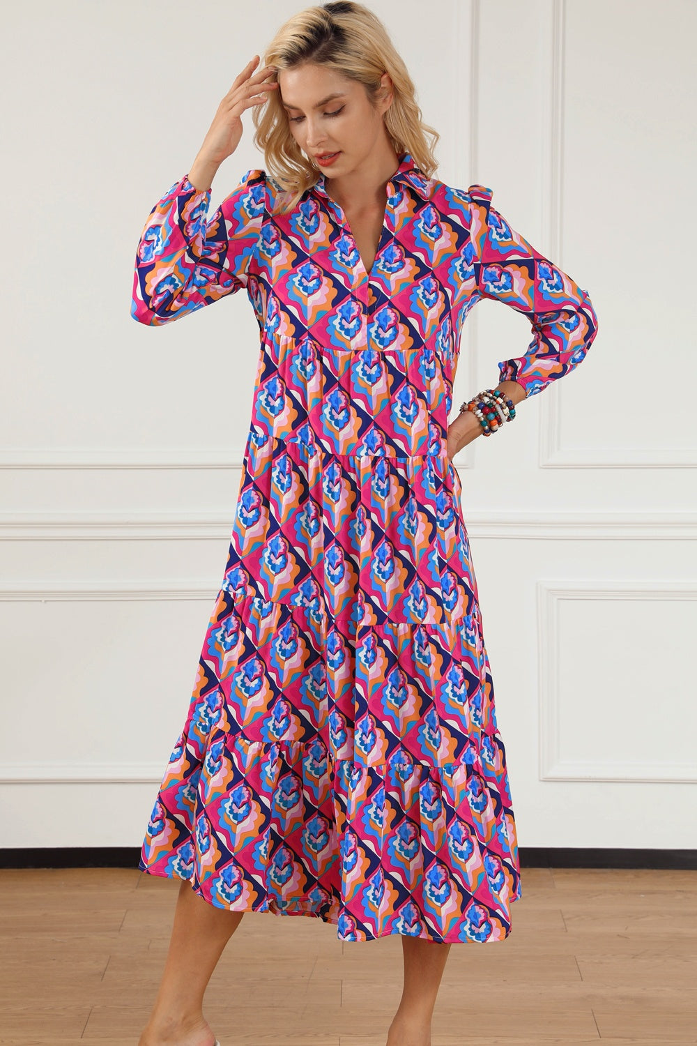 Printed Collared Neck Long Sleeve Midi Dress Vivid Violet