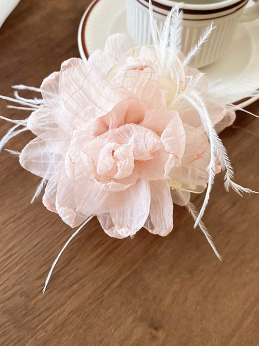 Feather Trim Flower Shape Hair Claw Clip Blush Pink One Size