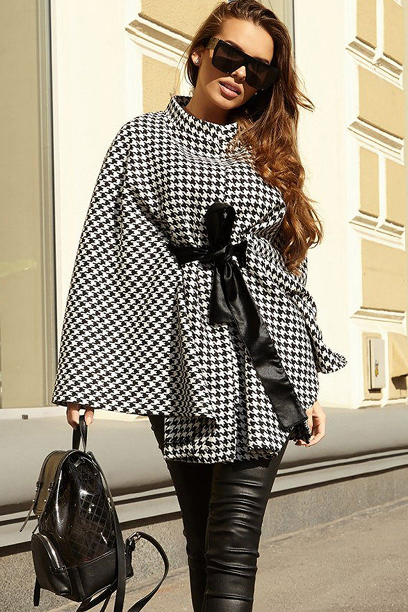 Houndstooth Tie Waist Trench Coat - Thandynie