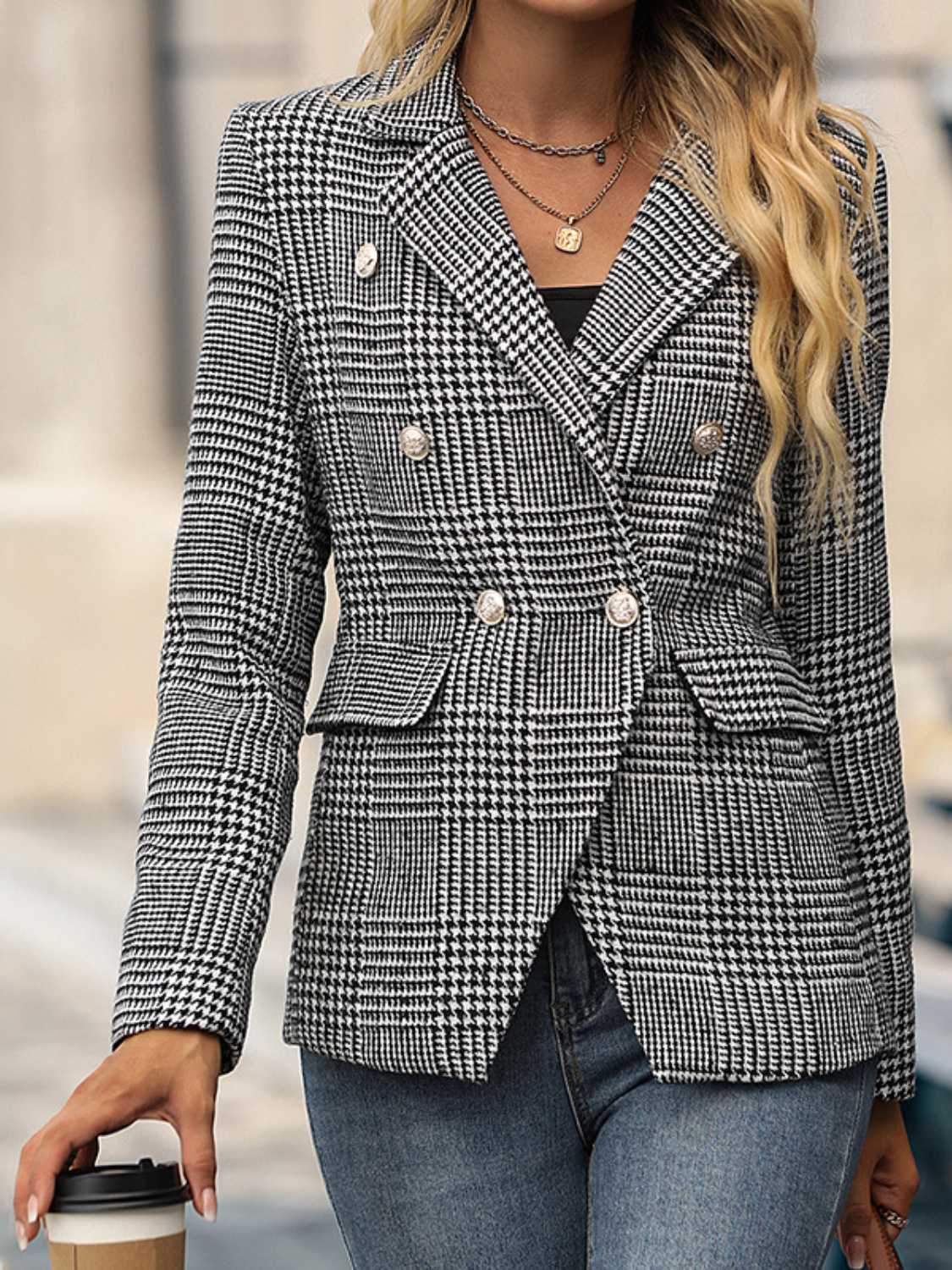 Houndstooth Buttoned Long Sleeve Blazer - Thandynie