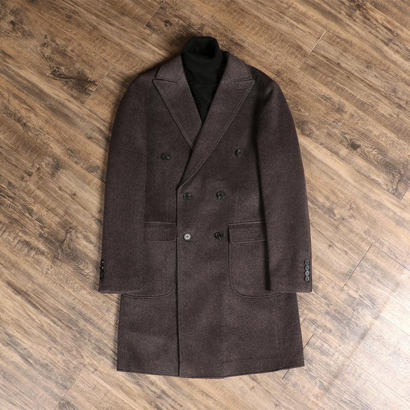 Herringbone Woolen Slim Fit Men's Mid-Length Double Breasted Coat