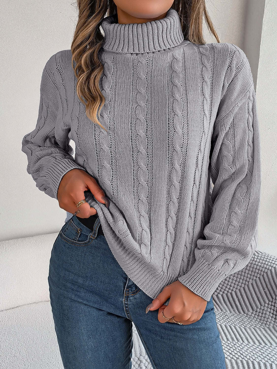 Cable-Knit Turtleneck Dropped Shoulder Sweater Dark Gray