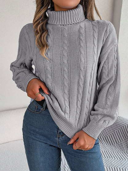 Cable-Knit Turtleneck Dropped Shoulder Sweater Dark Gray