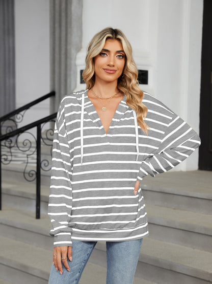 Drawstring Striped Long Sleeve Hoodie Gray