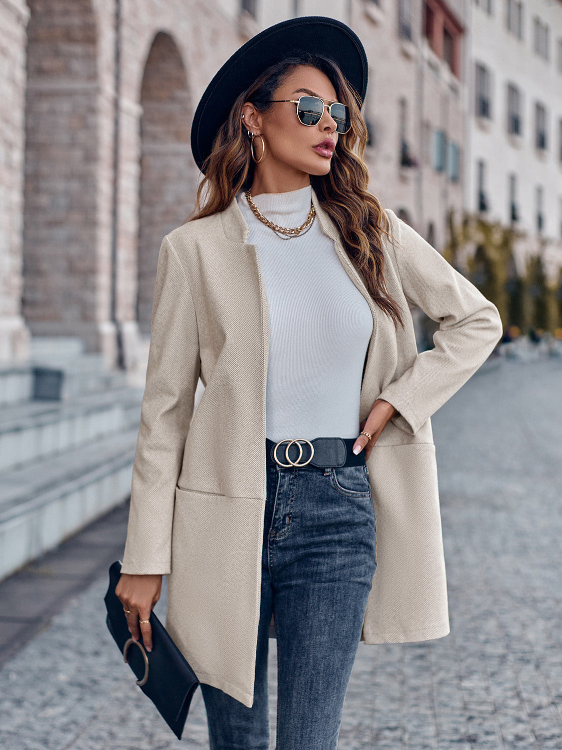 Open Front Long Sleeve Blazer Cream