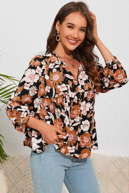 Floral Tie Neck Babydoll Blouse Floral