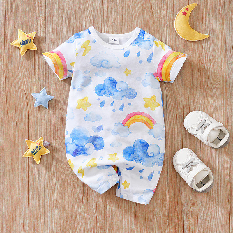 Baby Girl Summer Clothes Short-sleeve Baby Jumpsuit Rainbow Cloud Blue