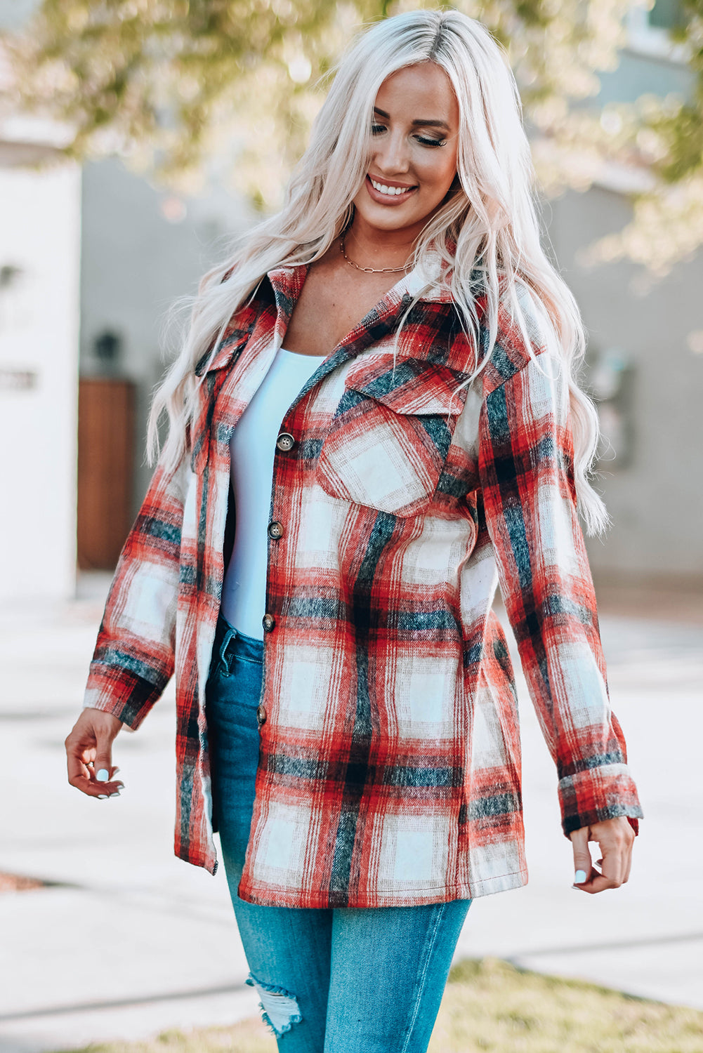 Red Turn down Neck Plaid Pocket Button Closure Coat