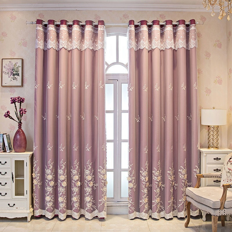 Bedroom Shading Wedding Home Double Open Curtain Finished Set Magnolia Purple Hook