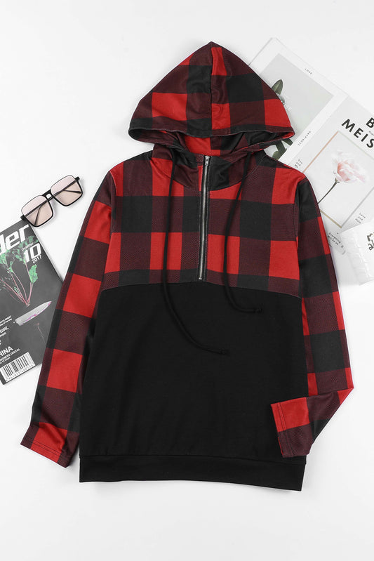 Drawstring Plaid Half Zip Hoodie Burgundy