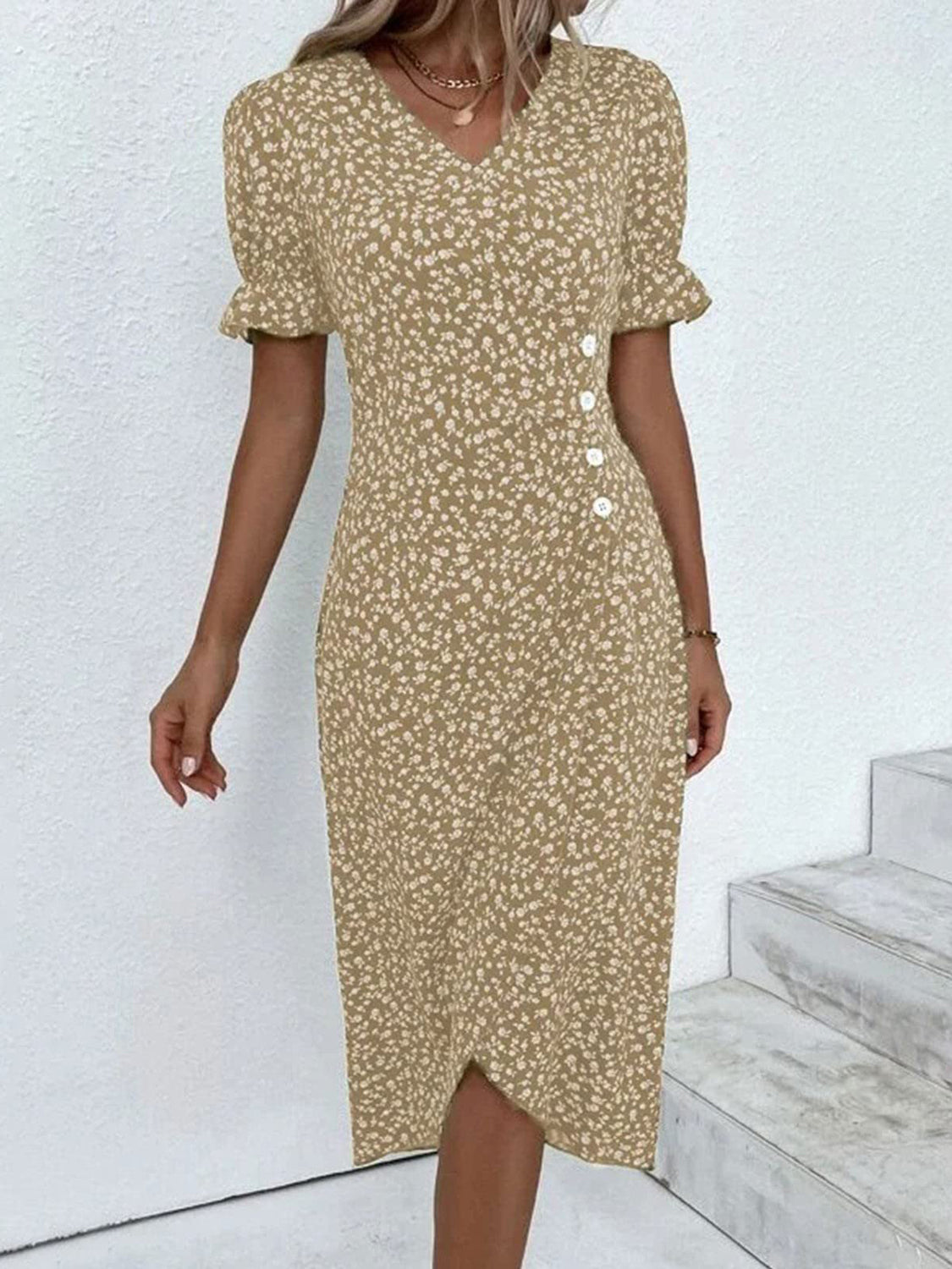 Full Size Printed Surplice Flounce Sleeve Midi Dress Tan