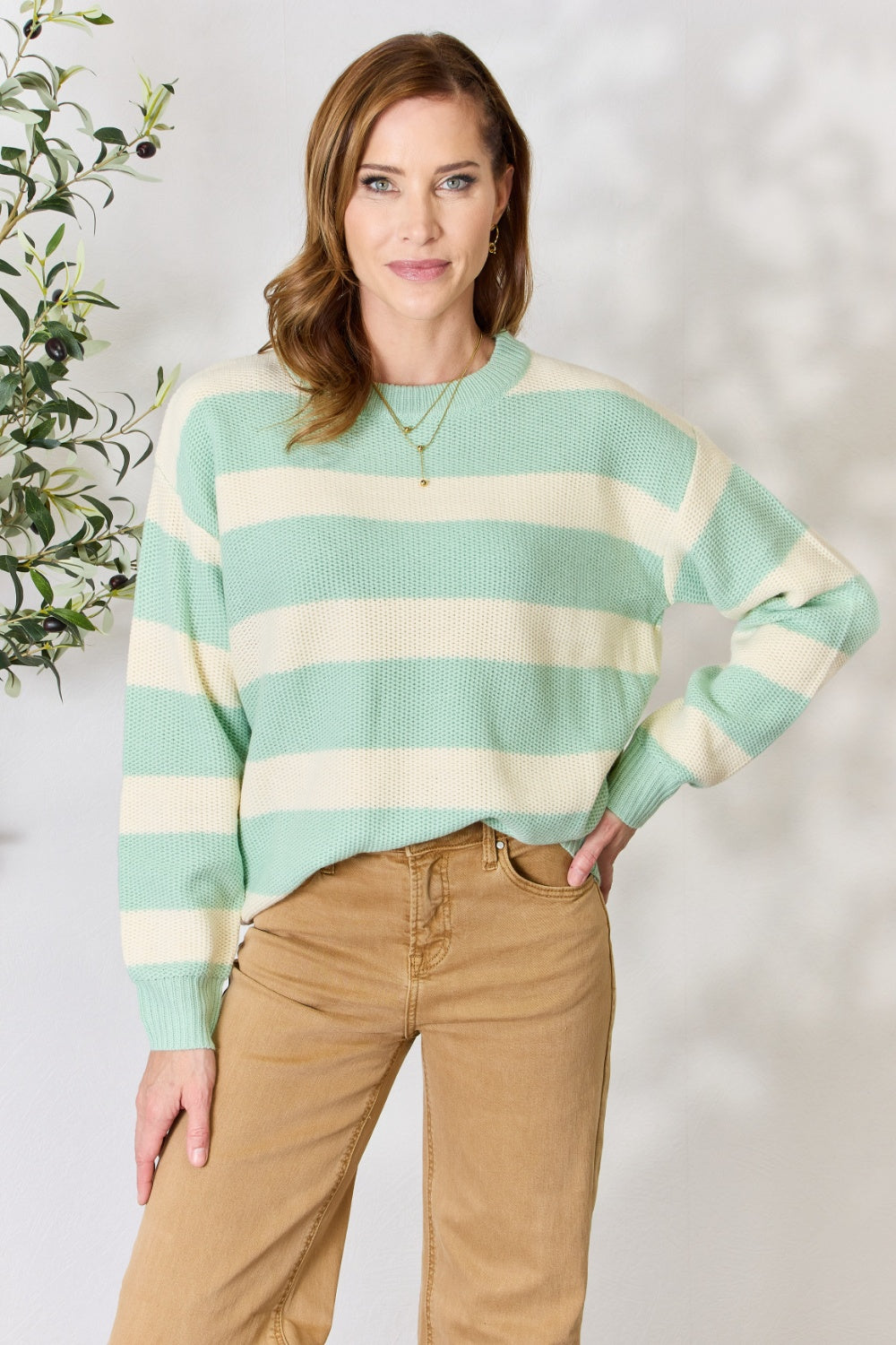 Sew In Love Full Size Contrast Striped Round Neck Sweater Sage Ivory