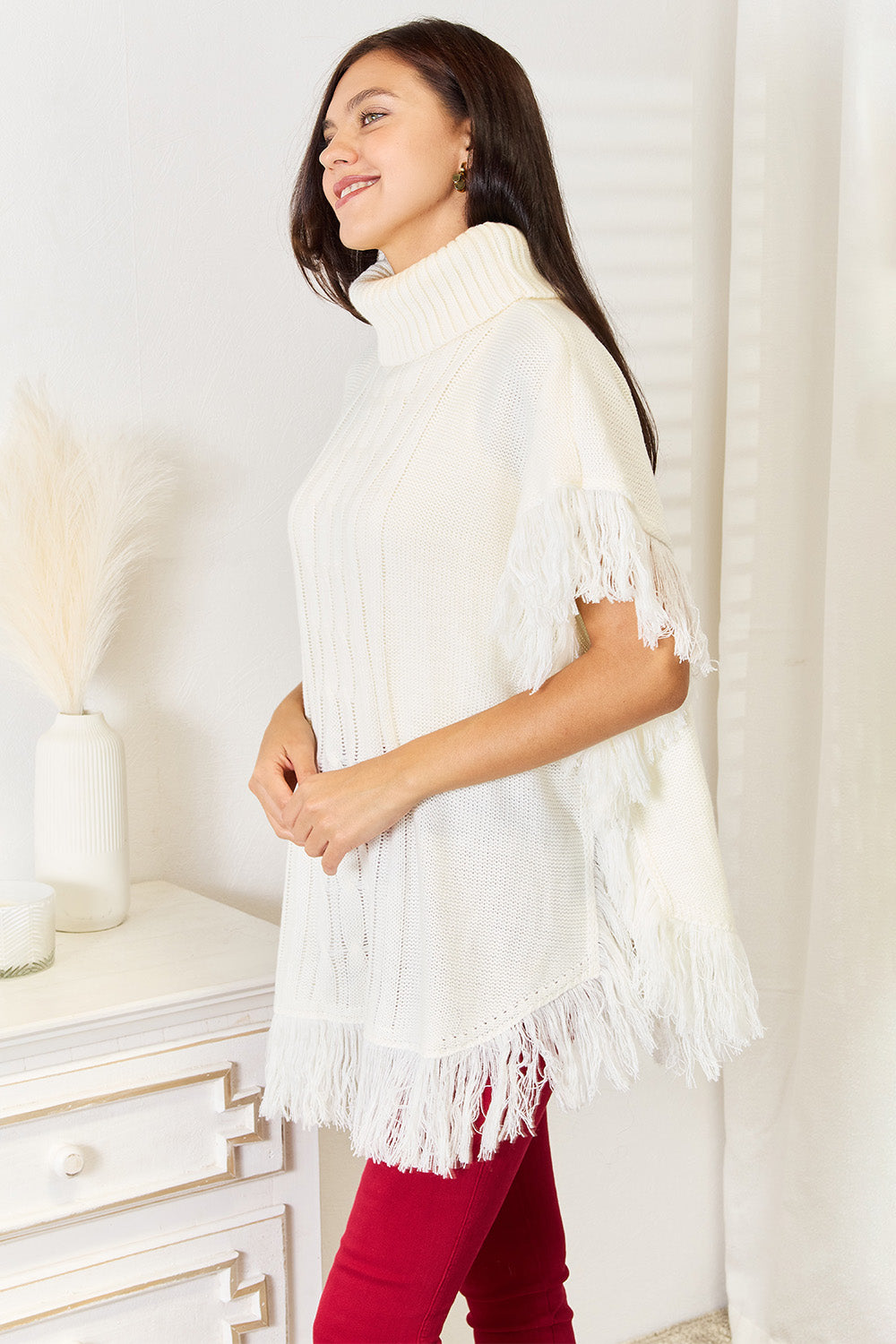 Justin Taylor Turtle Neck Fringe Poncho - Thandynie