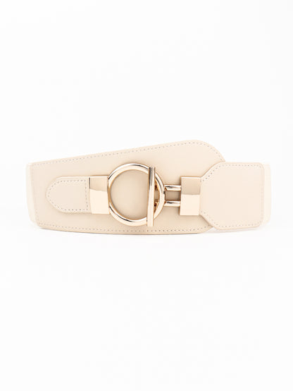 PU Elastic Wide Belt with Alloy Buckle Cream One Size