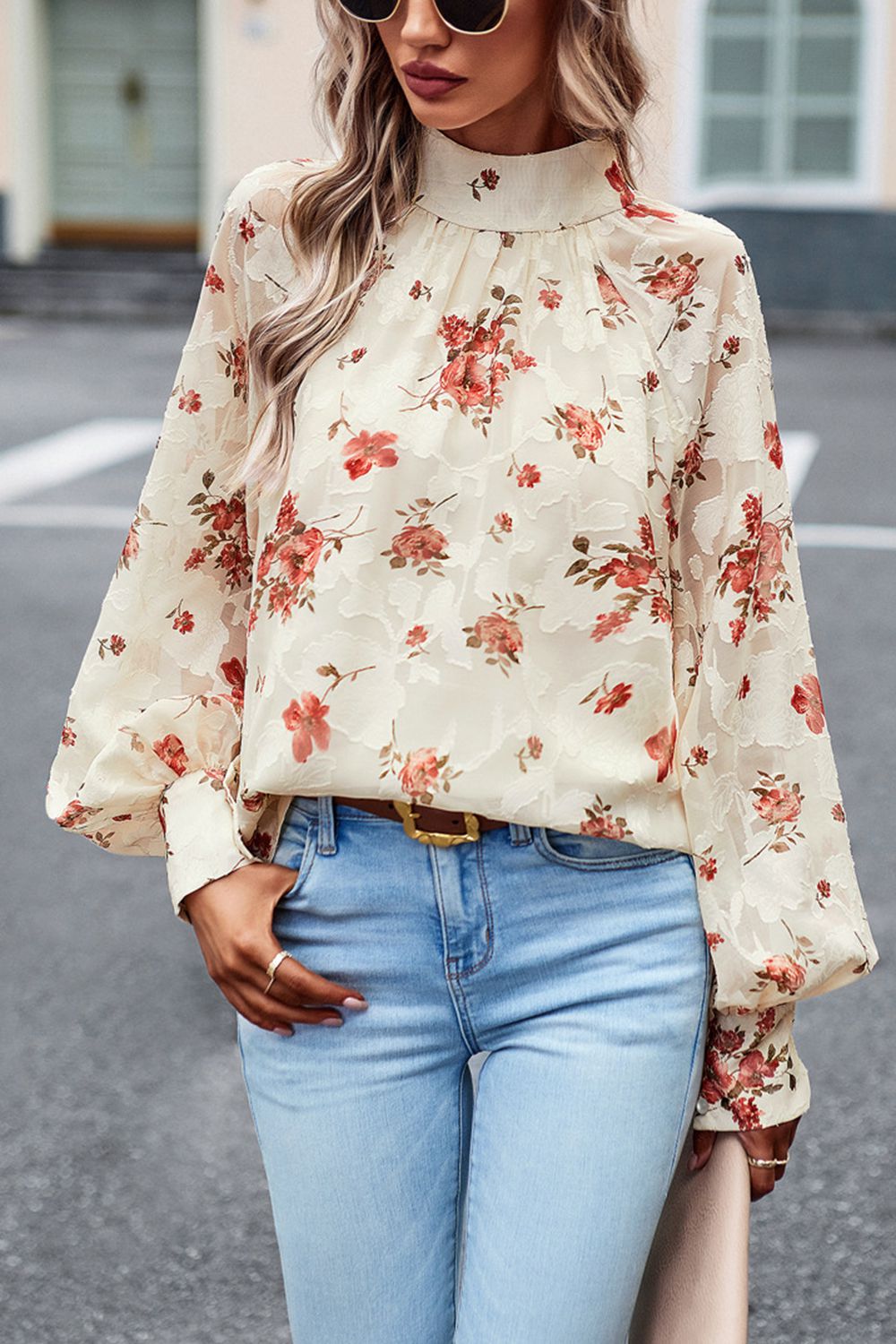 Floral Print Mock Neck Lantern Sleeve Blouse Cream