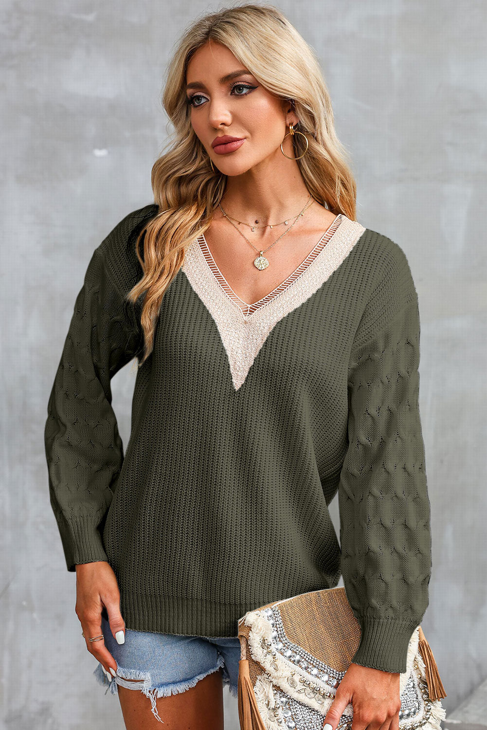 Contrast V-Neck Sweater Army Green