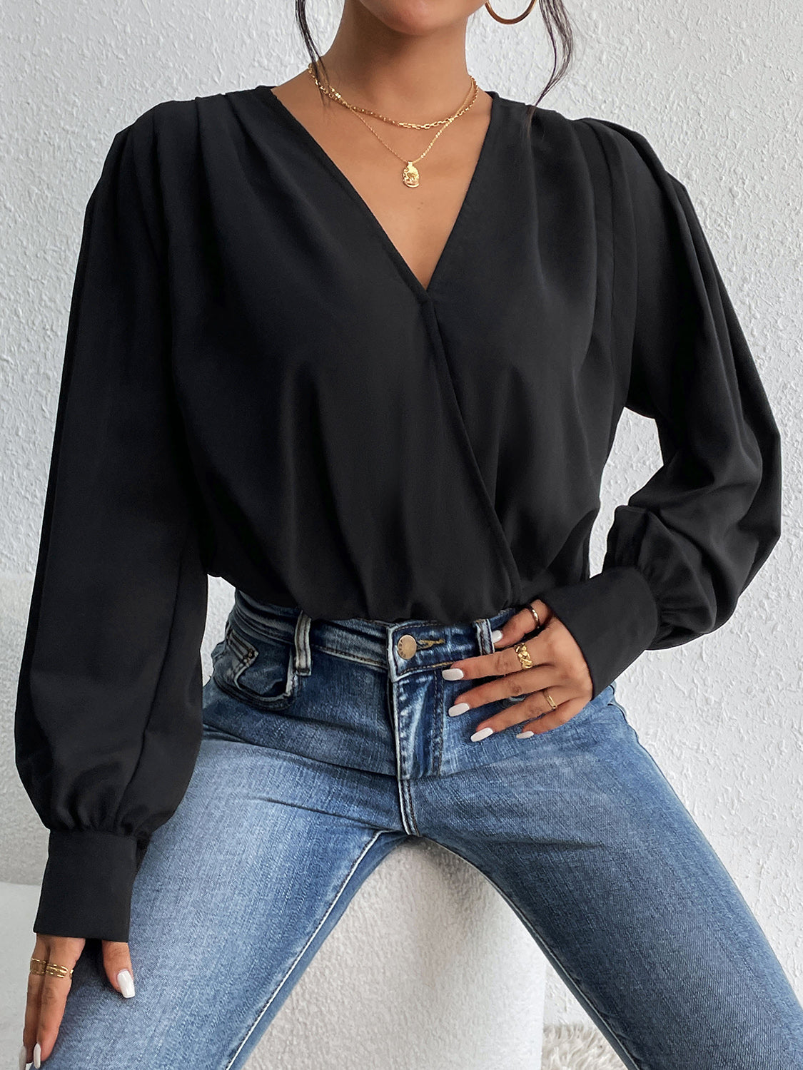 Surplice Ruched Long Sleeve Bodysuit - Thandynie