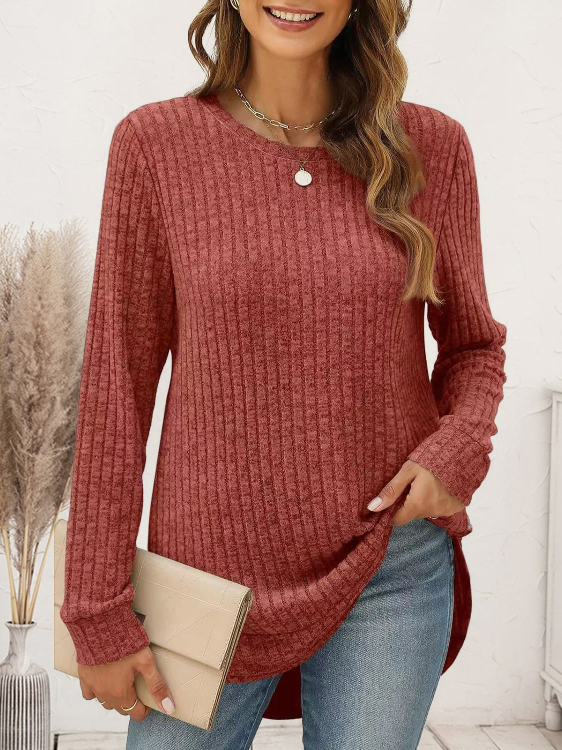 Ribbed Round Neck Long Sleeve T-Shirt - Thandynie