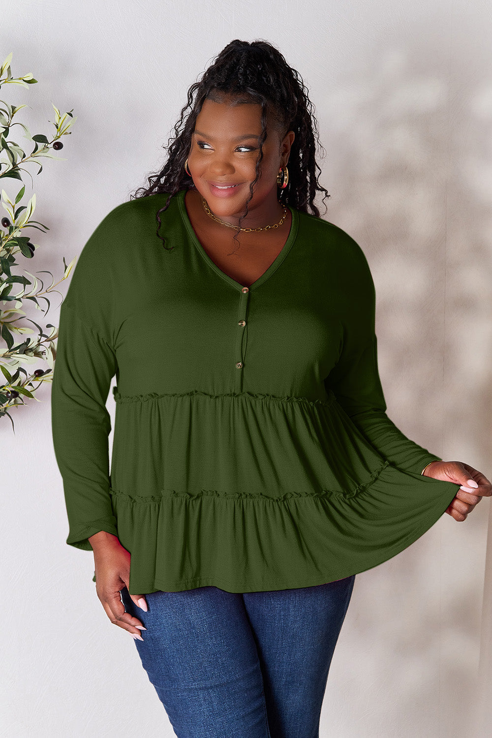 Double Take Half Button Long Sleeve Ruffle Hem Blouse Army Green