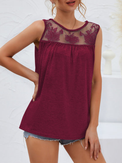 Lace Detail Round Neck Tank Burgundy