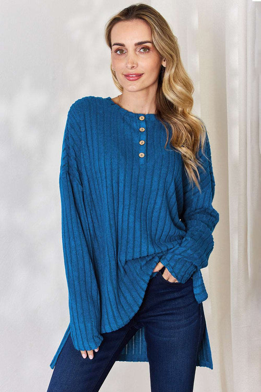 Basic Bae Full Size Ribbed Half Button Long Sleeve High-Low T-Shirt Sky Blue