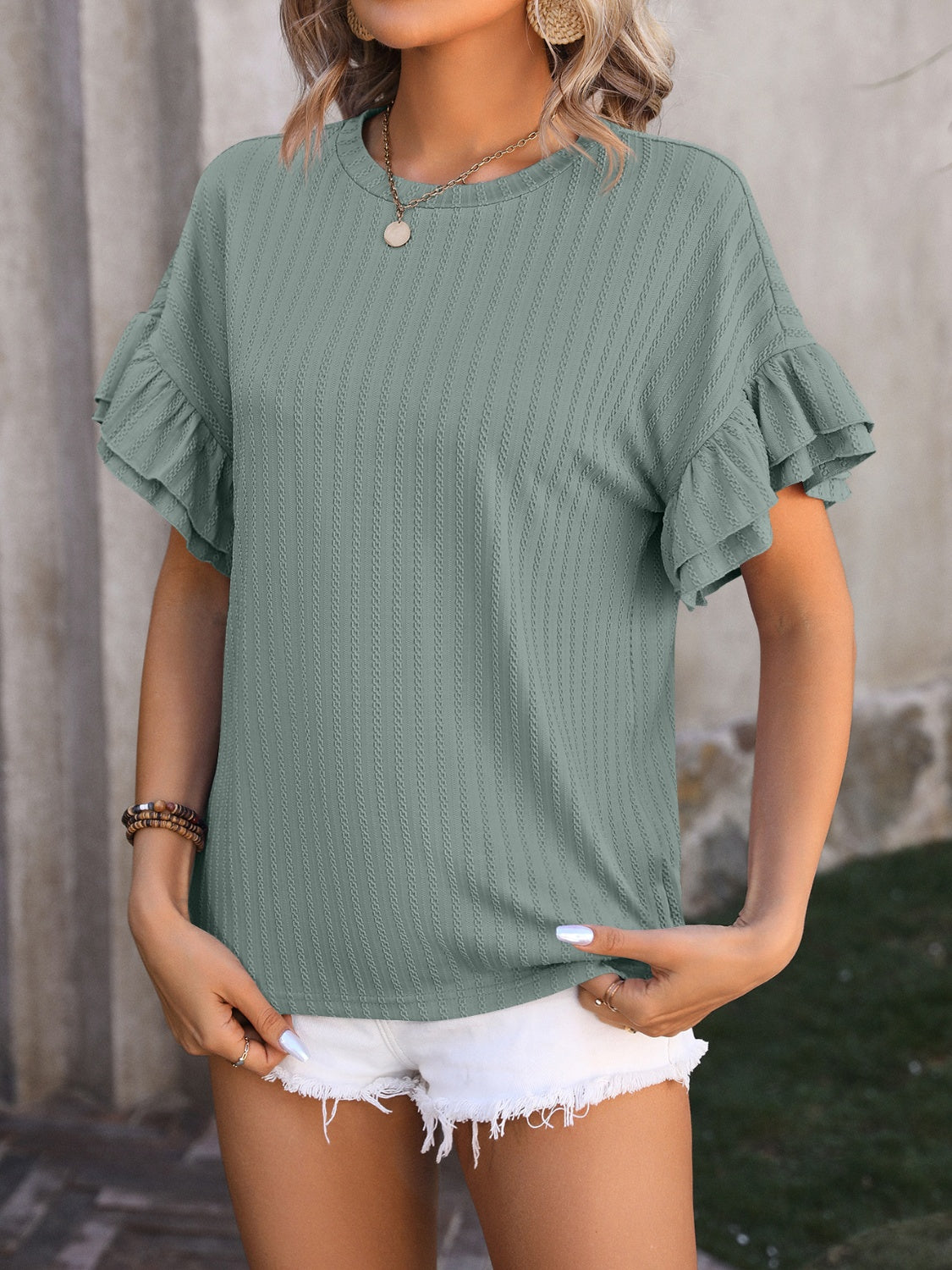 Ruffled Round Neck Short Sleeve Blouse Sage