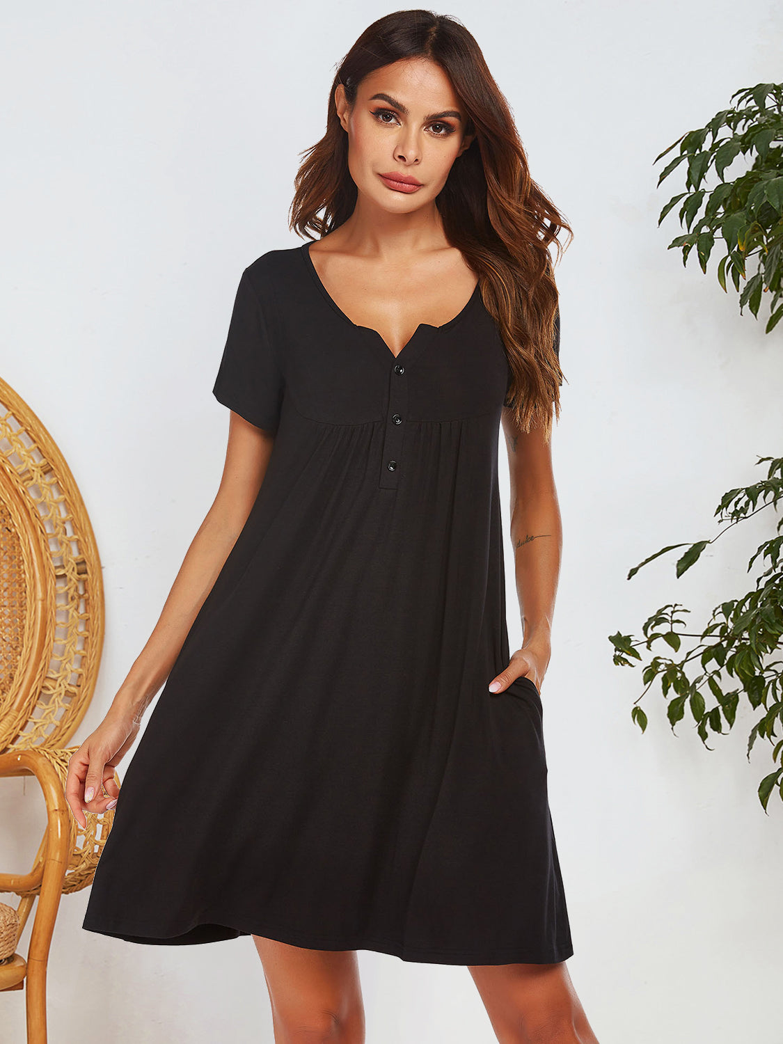 Notched Short Sleeve Mini Lounge Dress Black