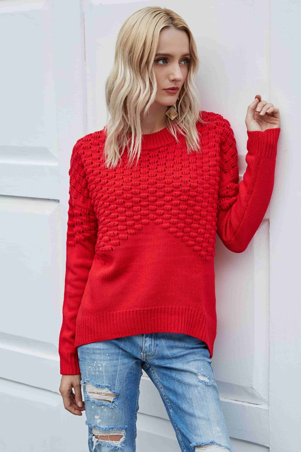 Pom-Pom Drop Shoulder Ribbed Trim Sweater Red