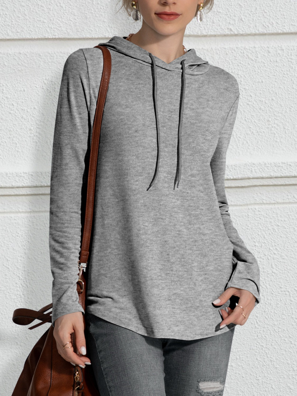 FAM-FAM Drawstring Long Sleeve Hoodie Gray