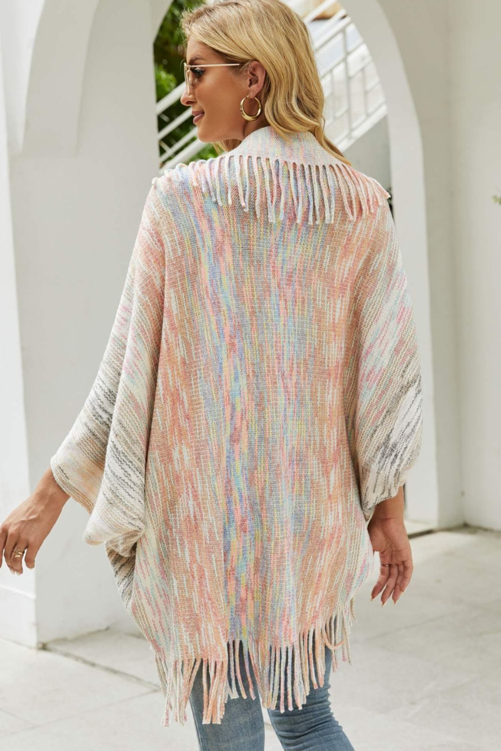 Multicolored Fringe Trim Poncho - Thandynie