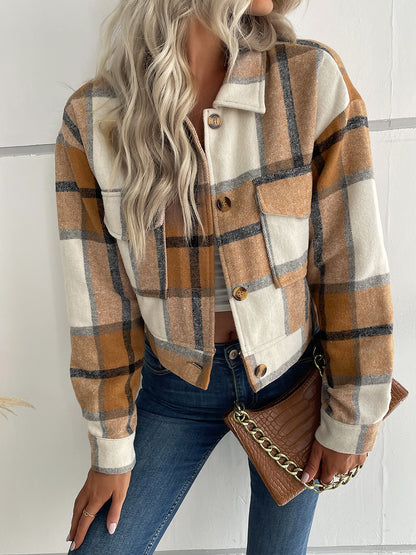 Plaid Button Up Drop Shoulder Cropped Jacket Khaki