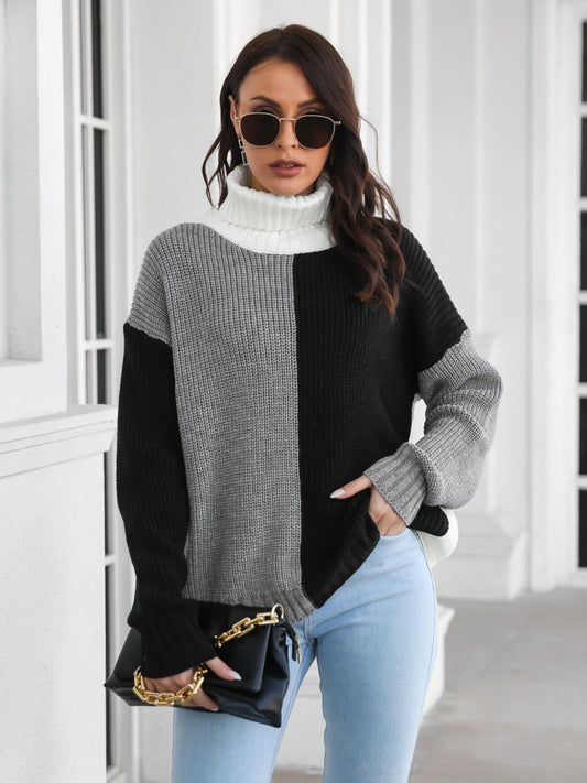 Contrast Turtleneck Long Sleeve Sweater Black