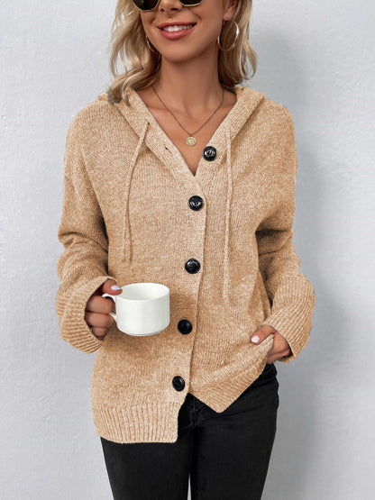 Button-Down Long Sleeve Hooded Sweater Tan