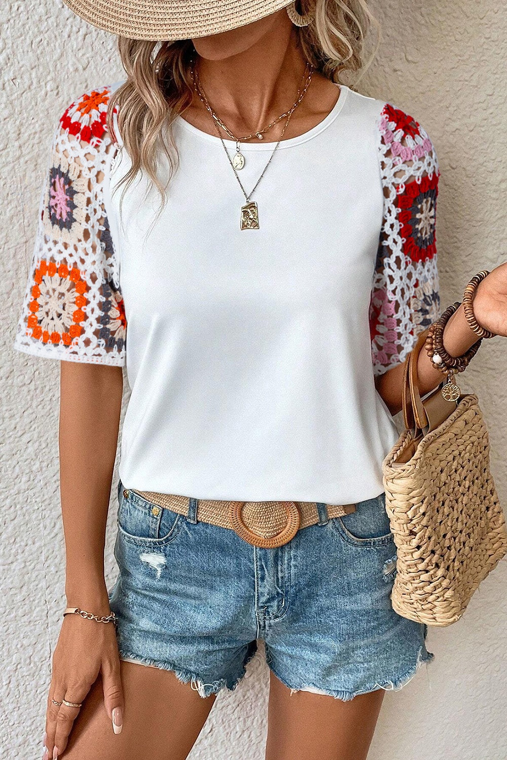 Geometric Round Neck Short Sleeve Blouse White