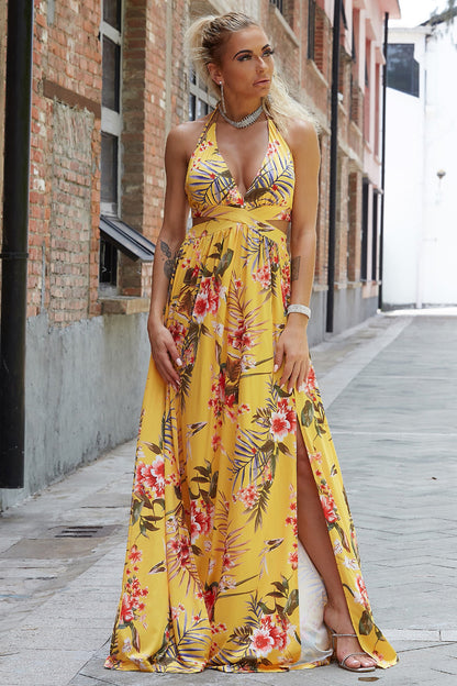 Halter Neck Split Dress Banana Yellow