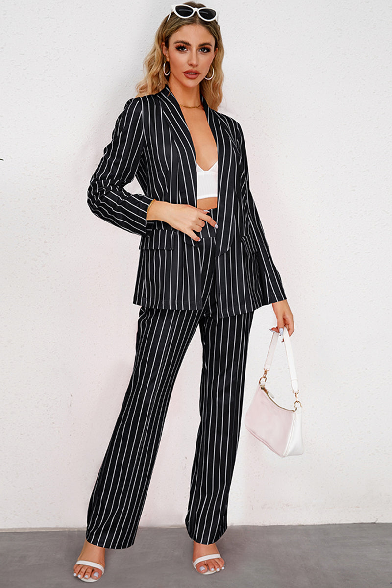 Striped Long Sleeve Top and Pants Set Black