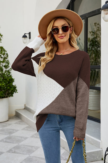 Color Block Round Neck Sweater Chestnut