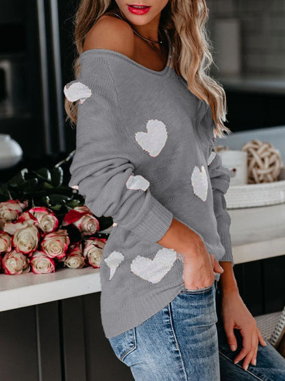 Heart Scoop Neck Long Sleeve Sweater Gray