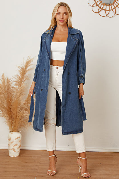 Double-Breasted Belted Longline Denim Jacket Medium