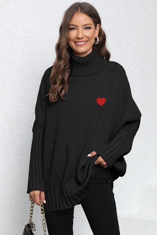 Turtle Neck Long Sleeve Ribbed Sweater Black One Size