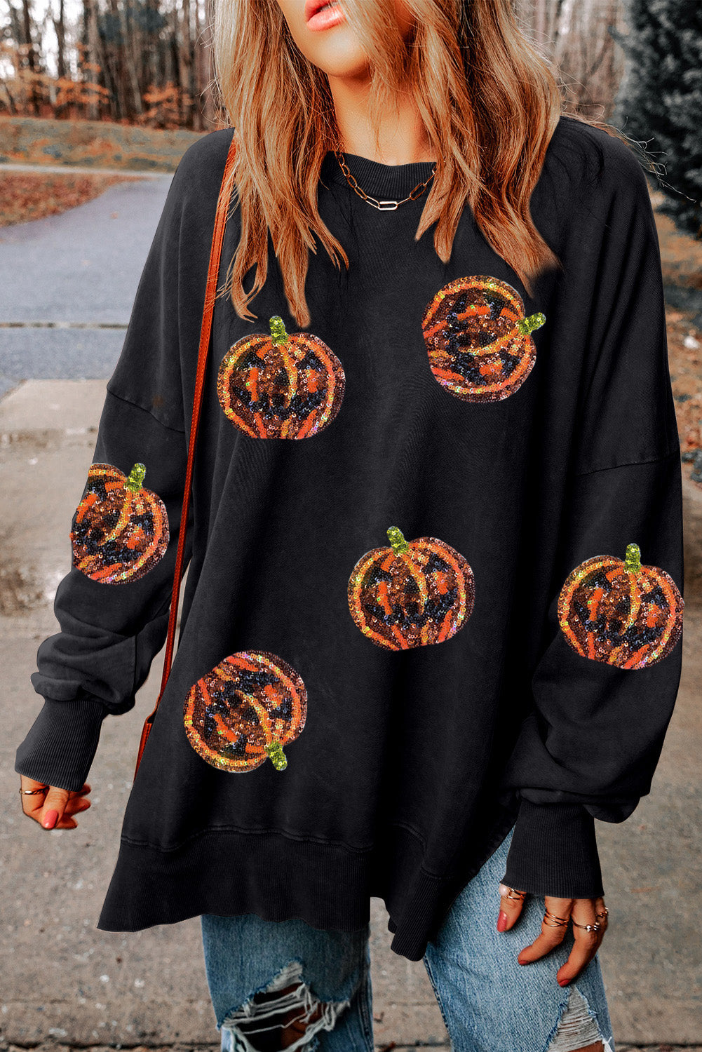 Pumpkin Print Dropped Shoulder Sweatshirt Black