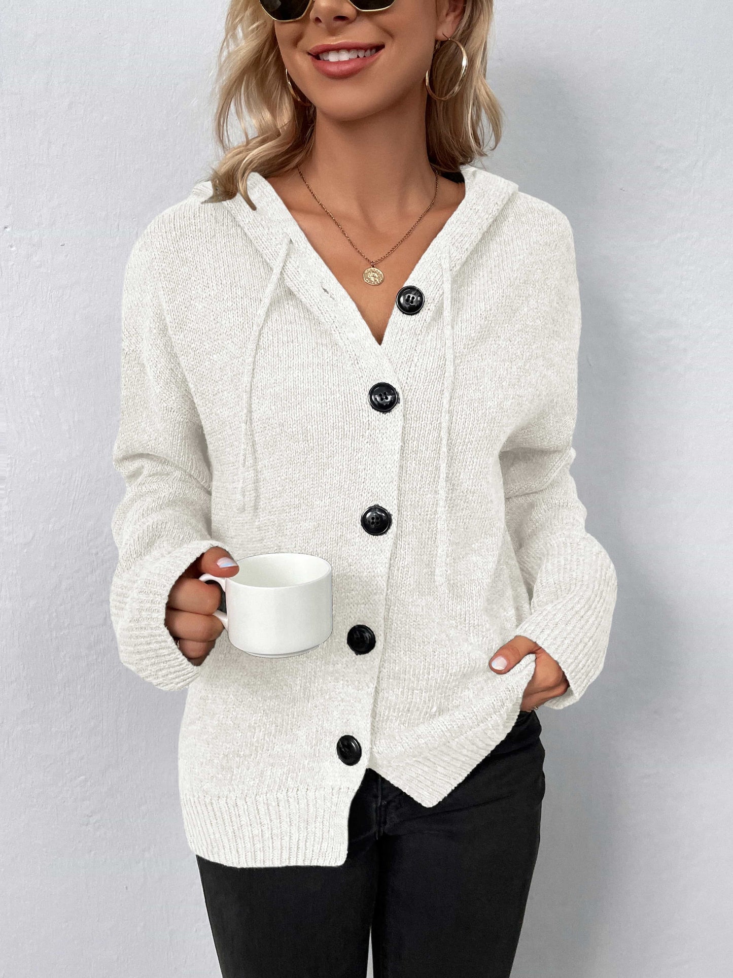 Button-Down Long Sleeve Hooded Sweater White